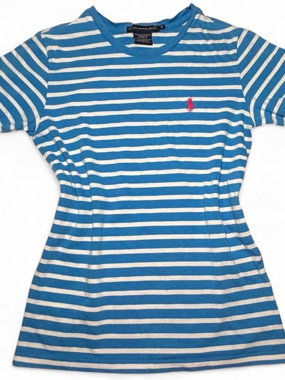 Y2K Ralph Lauren Blue & White Striped Tee with Pink Pony